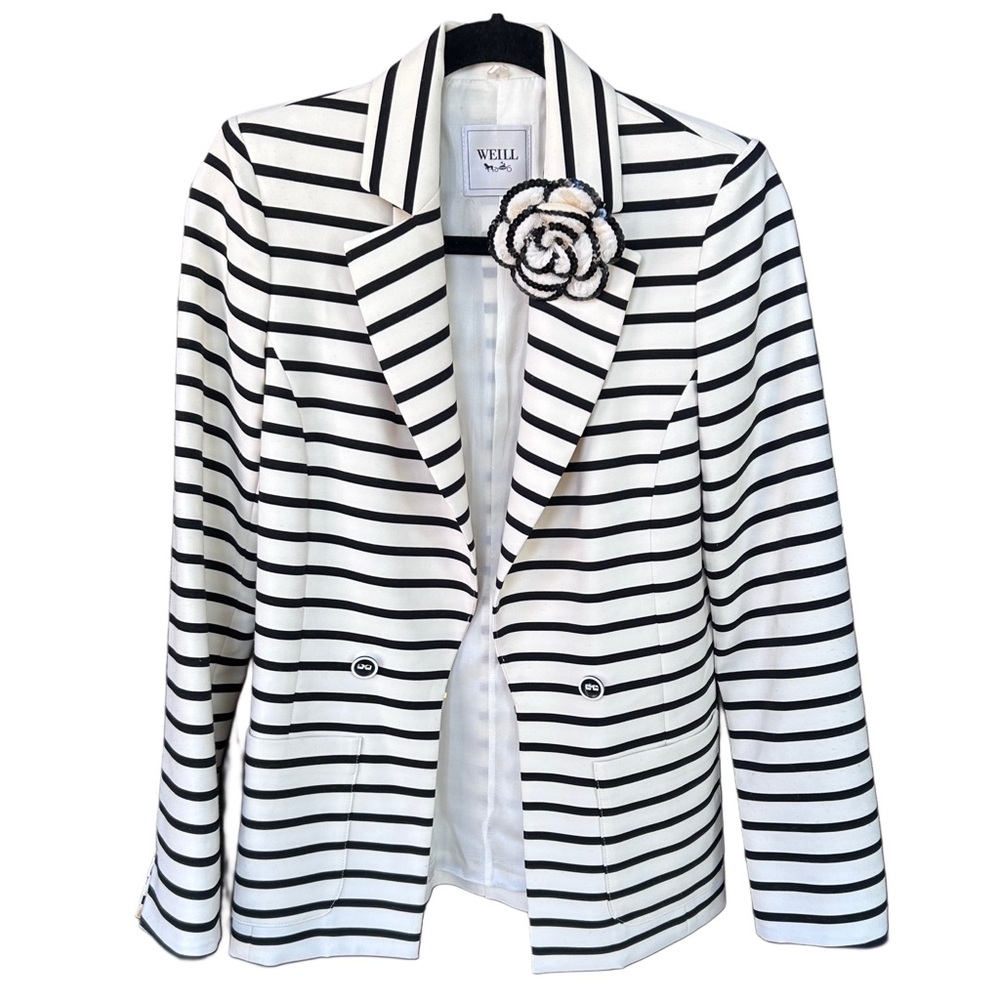 Weill Paris Black & White Striped Notch-Lapel Blazer with Floral Pin